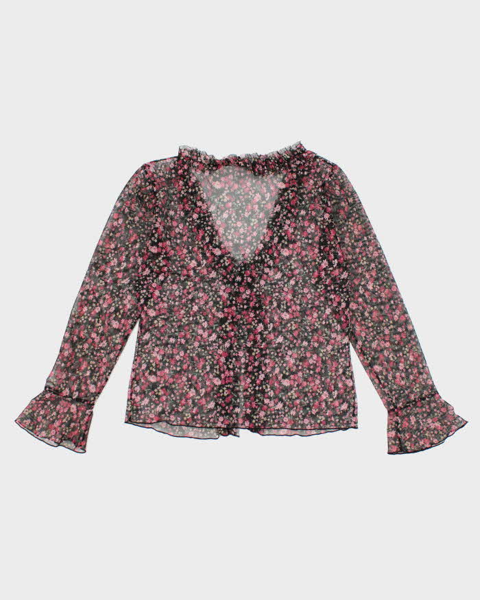 Y2k 00s Floral Mesh Ruffle Blouse - S