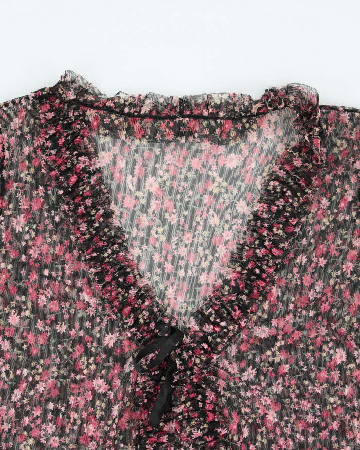 Y2k 00s Floral Mesh Ruffle Blouse - S