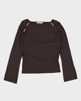 Nougat Brown Silk Cut-Out Long Sleeve Top- S