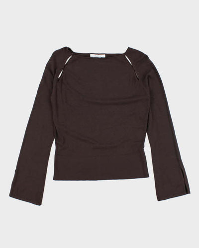 Nougat Brown Silk Cut-Out Long Sleeve Top- S