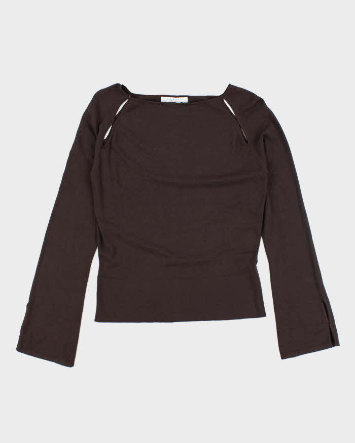 Nougat Brown Silk Cut-Out Long Sleeve Top- S