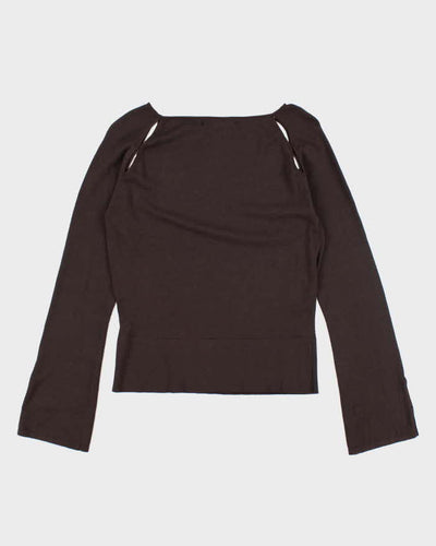 Nougat Brown Silk Cut-Out Long Sleeve Top- S