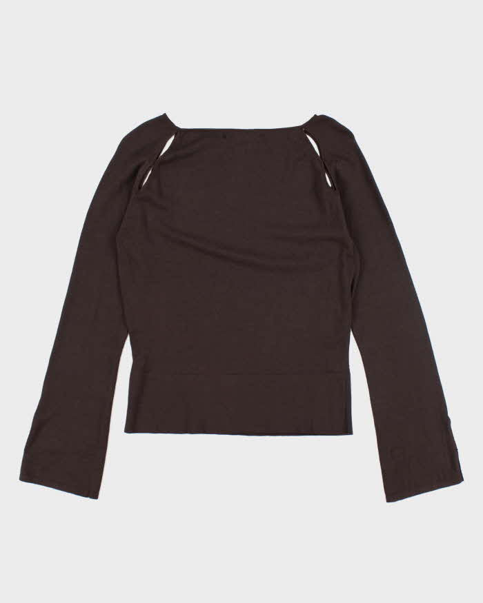 Nougat Brown Silk Cut-Out Long Sleeve Top- S