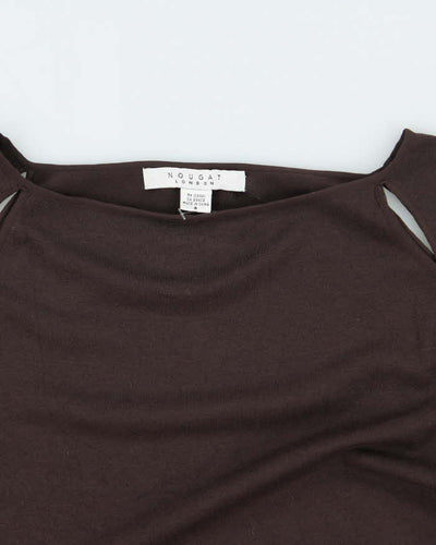 Nougat Brown Silk Cut-Out Long Sleeve Top- S
