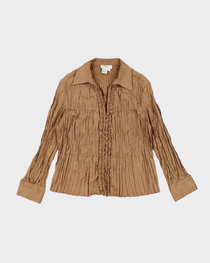 Vintage 90s Puli Brown Pleated Ruffle Blouse - L