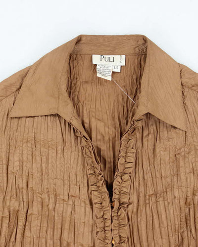 Vintage 90s Puli Brown Pleated Ruffle Blouse - L