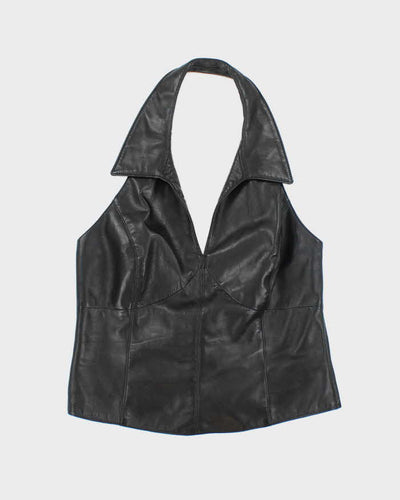 Vintage 90s Danier Black Leather Halter Neck Top - M