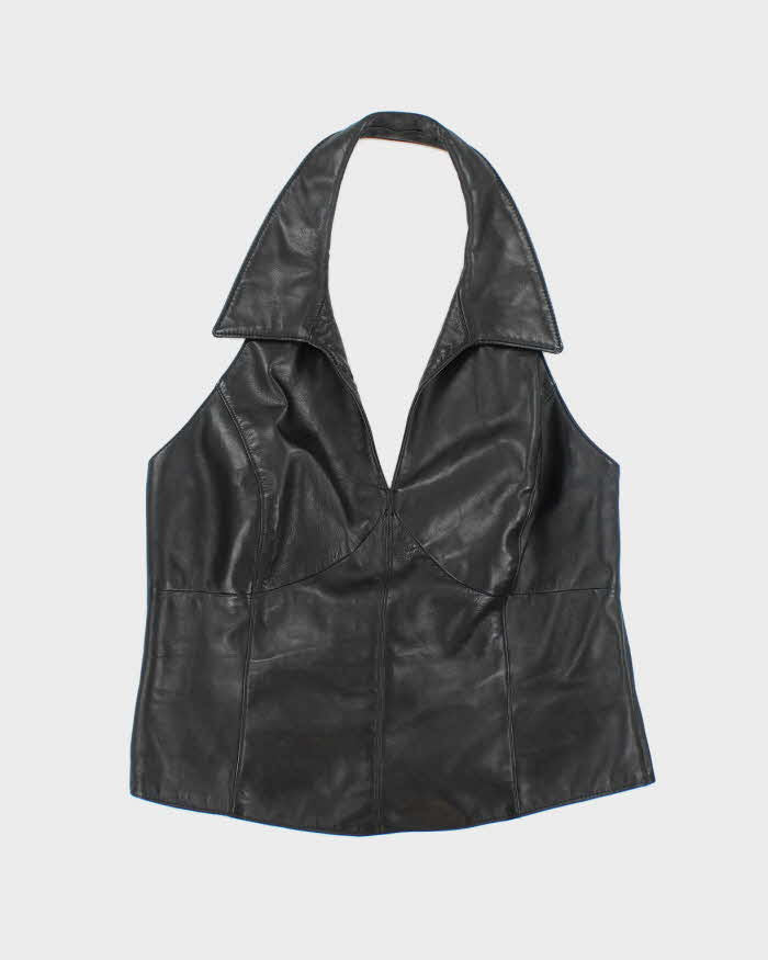 Vintage 90s Danier Black Leather Halter Neck Top - M
