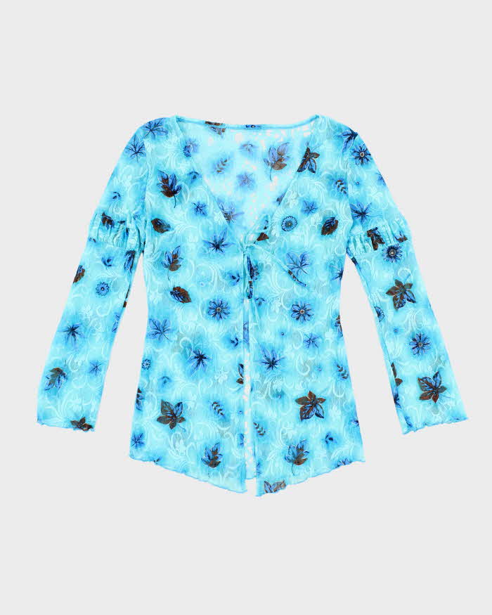 Vintage Y2k 00s Blue Mesh Floral Tie Top - S