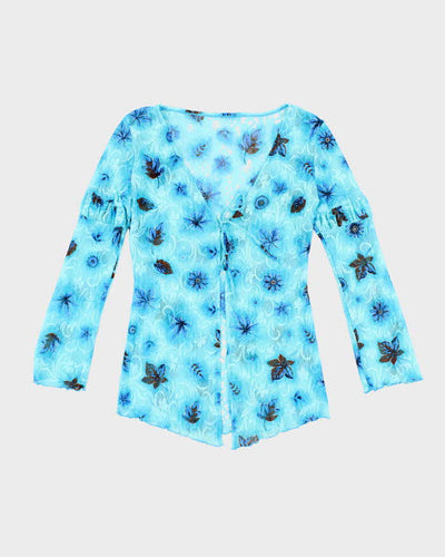 Vintage Y2k 00s Blue Mesh Floral Tie Top - S