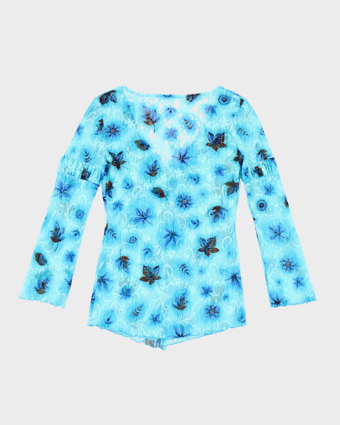 Vintage Y2k 00s Blue Mesh Floral Tie Top - S