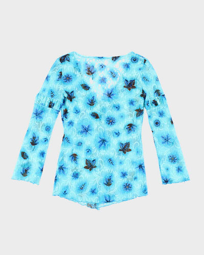 Vintage Y2k 00s Blue Mesh Floral Tie Top - S