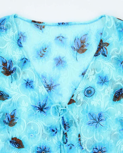 Vintage Y2k 00s Blue Mesh Floral Tie Top - S