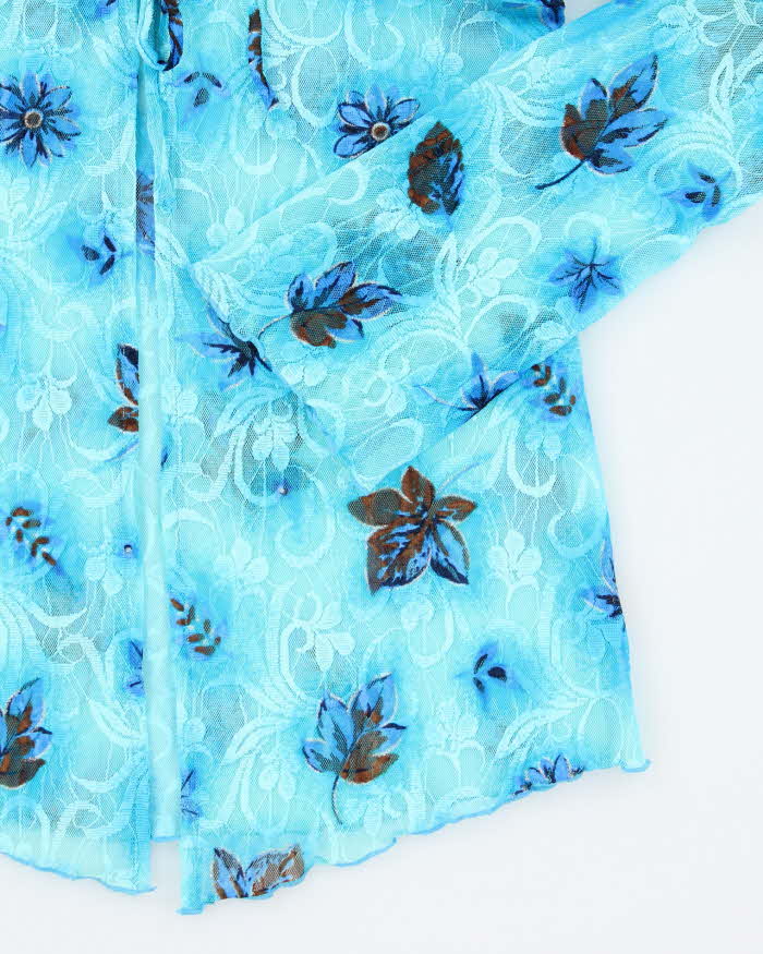 Vintage Y2k 00s Blue Mesh Floral Tie Top - S