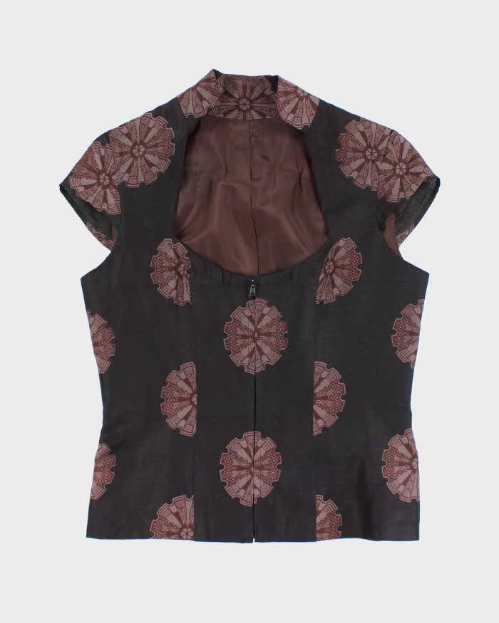 Vintage High Neck Zip-Up Pattern Blouse - M