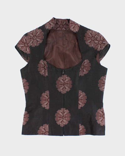Vintage High Neck Zip-Up Pattern Blouse - M