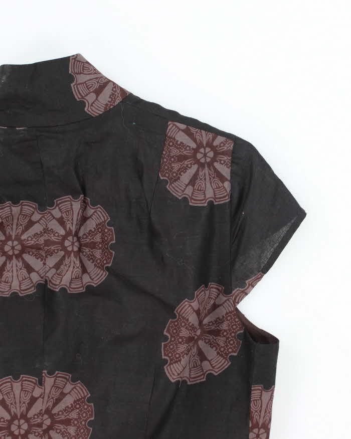 Vintage High Neck Zip-Up Pattern Blouse - M