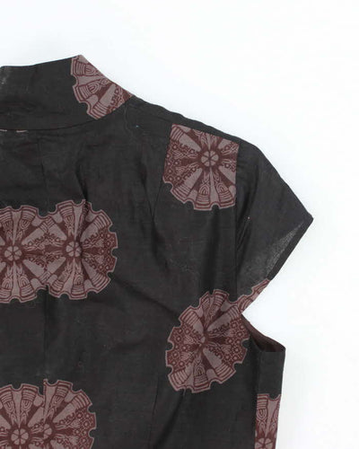 Vintage High Neck Zip-Up Pattern Blouse - M