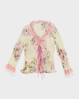 Vintage 90s Floral Mesh Lace-Up Blouse - S