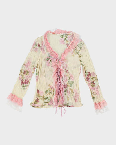 Vintage 90s Floral Mesh Lace-Up Blouse - S