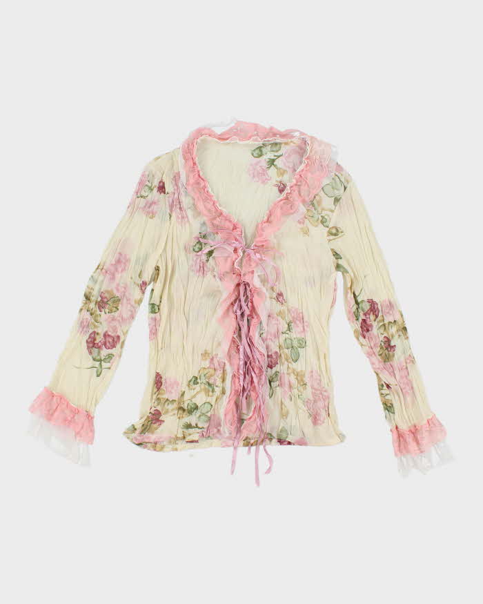 Vintage 90s Floral Mesh Lace-Up Blouse - S