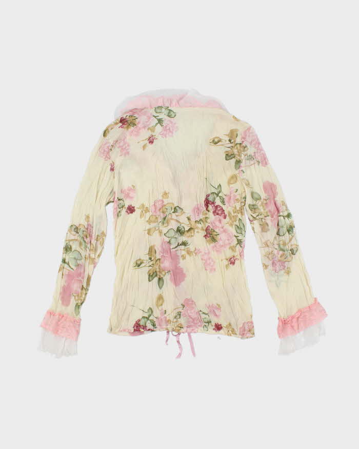 Vintage 90s Floral Mesh Lace-Up Blouse - S