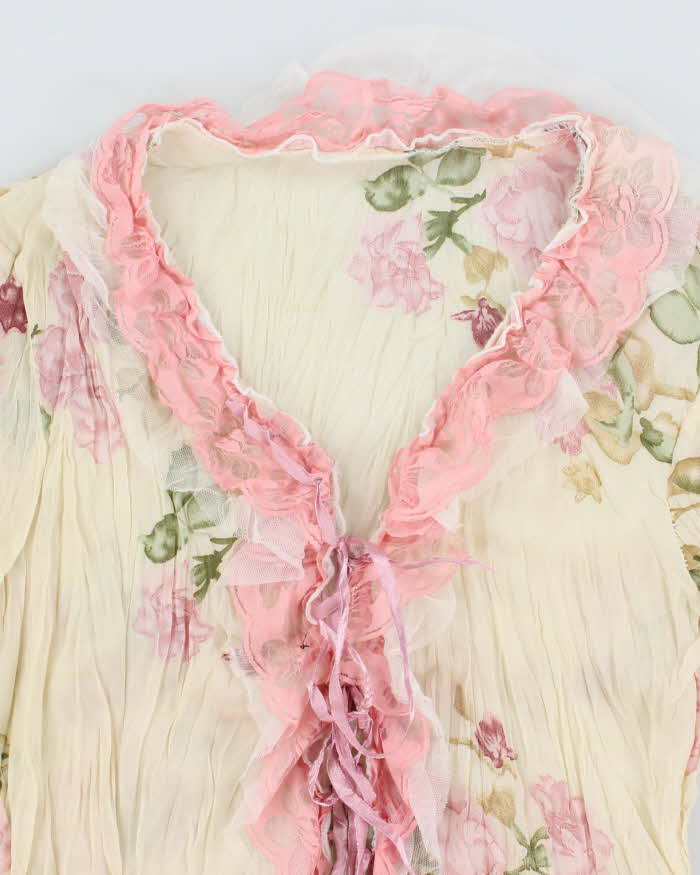 Vintage 90s Floral Mesh Lace-Up Blouse - S