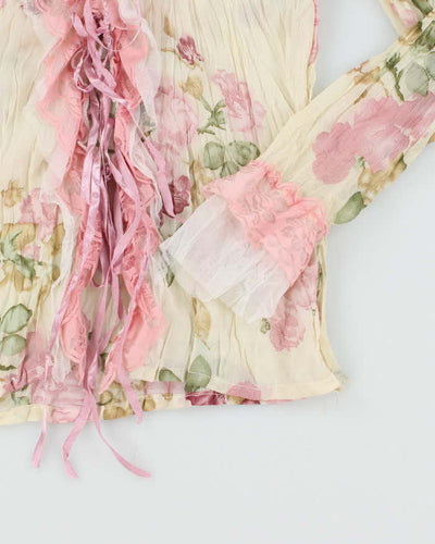 Vintage 90s Floral Mesh Lace-Up Blouse - S