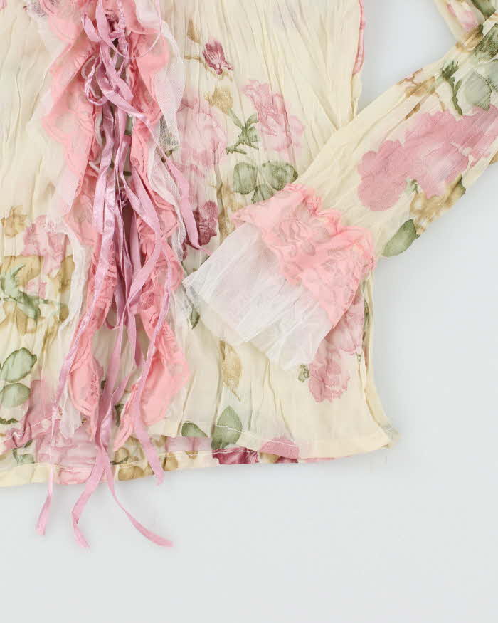 Vintage 90s Floral Mesh Lace-Up Blouse - S