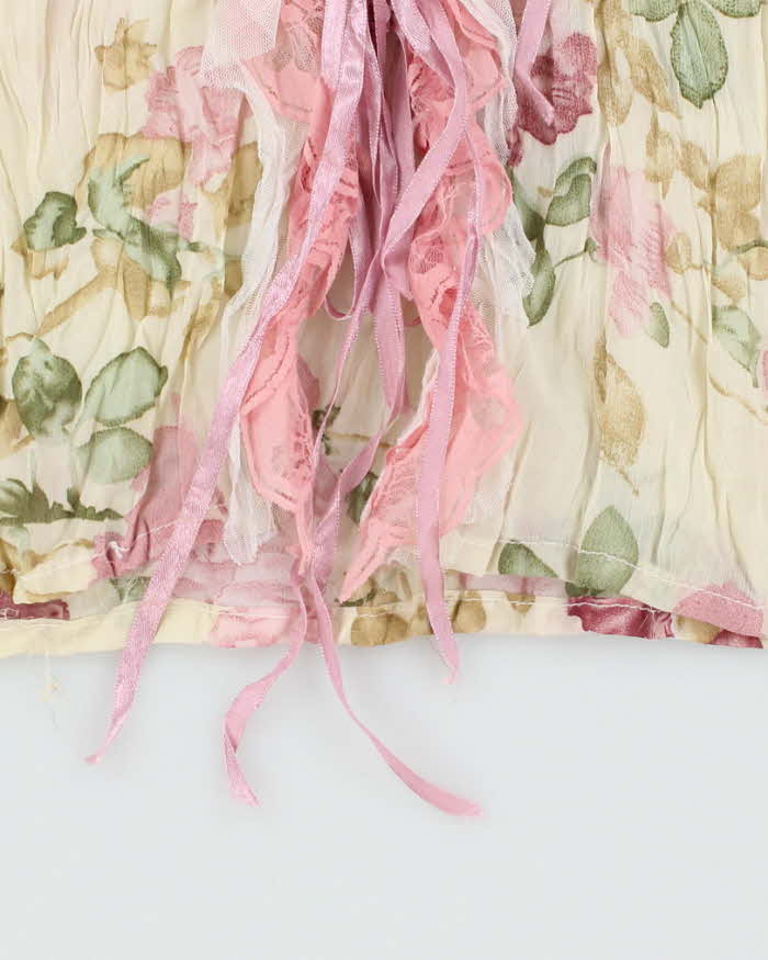 Vintage 90s Floral Mesh Lace-Up Blouse - S