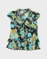Vintage Y2k 00s Blue Cherry Floral Mesh Blouse - S