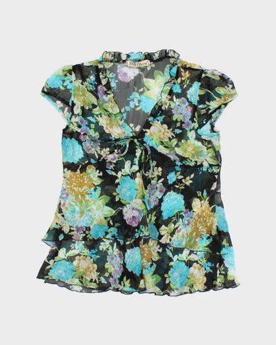 Vintage Y2k 00s Blue Cherry Floral Mesh Blouse - S