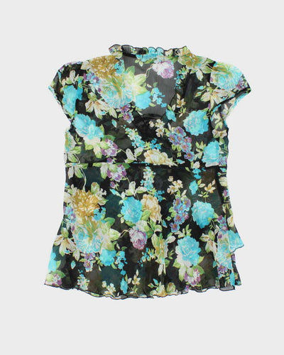 Vintage Y2k 00s Blue Cherry Floral Mesh Blouse - S
