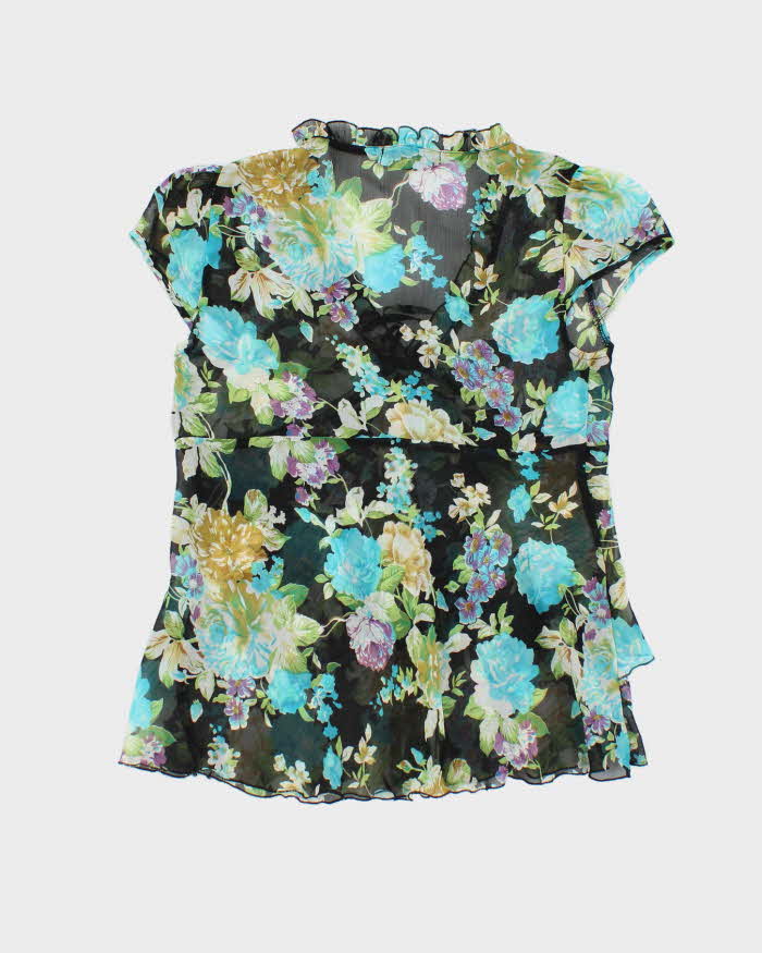 Vintage Y2k 00s Blue Cherry Floral Mesh Blouse - S