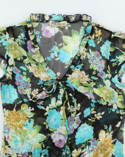 Vintage Y2k 00s Blue Cherry Floral Mesh Blouse - S