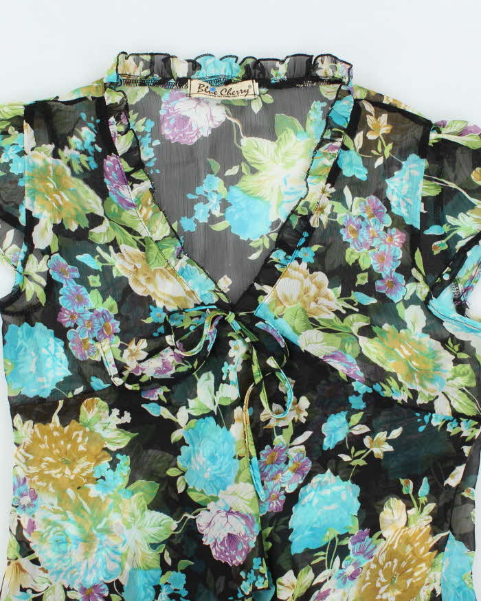 Vintage Y2k 00s Blue Cherry Floral Mesh Blouse - S
