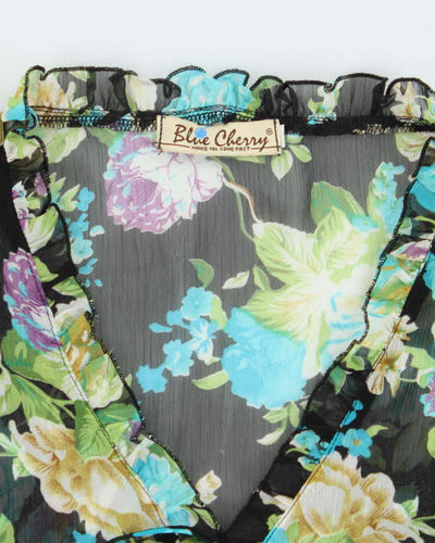 Vintage Y2k 00s Blue Cherry Floral Mesh Blouse - S