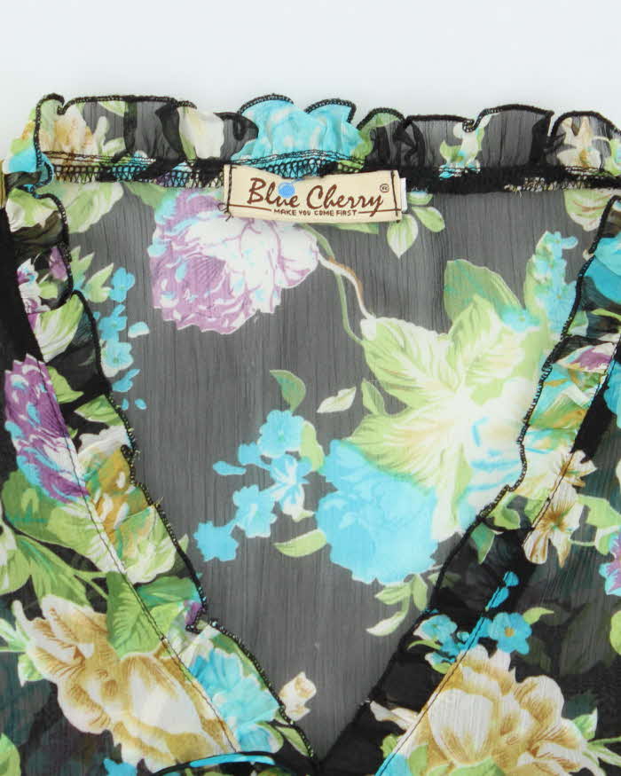 Vintage Y2k 00s Blue Cherry Floral Mesh Blouse - S