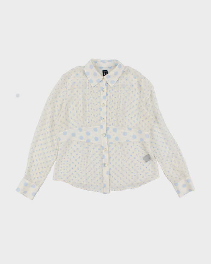 Hilfiger White and Light Blue Polka Dot 100% Silk Blouse - L