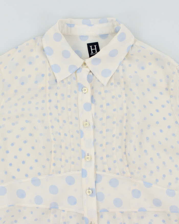 Hilfiger White and Light Blue Polka Dot 100% Silk Blouse - L