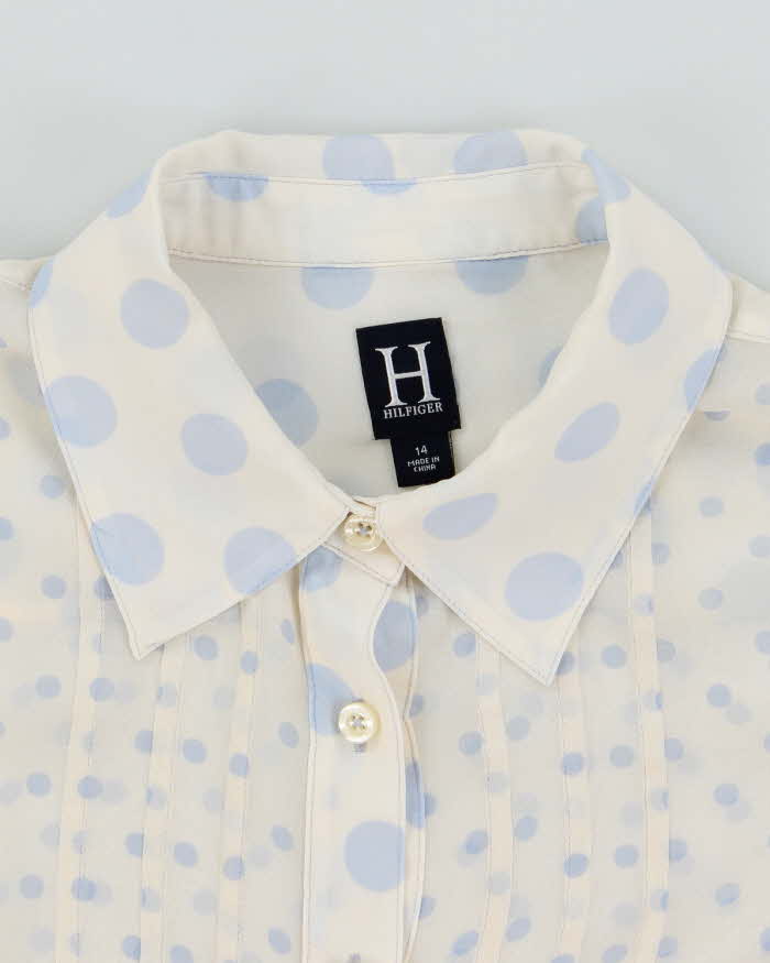 Hilfiger White and Light Blue Polka Dot 100% Silk Blouse - L