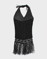 Vintage Y2k 00s Crochet Beaded Tassel Halter Neck Top - S