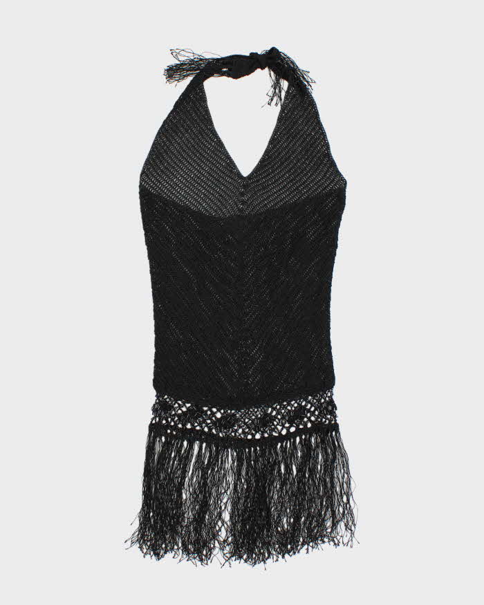 Vintage Y2k 00s Crochet Beaded Tassel Halter Neck Top - S