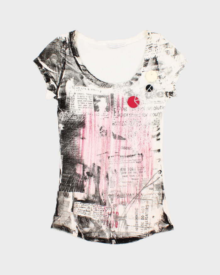 Vintage Y2k 00s Didier Parakian Newspaper Print Button Top - S