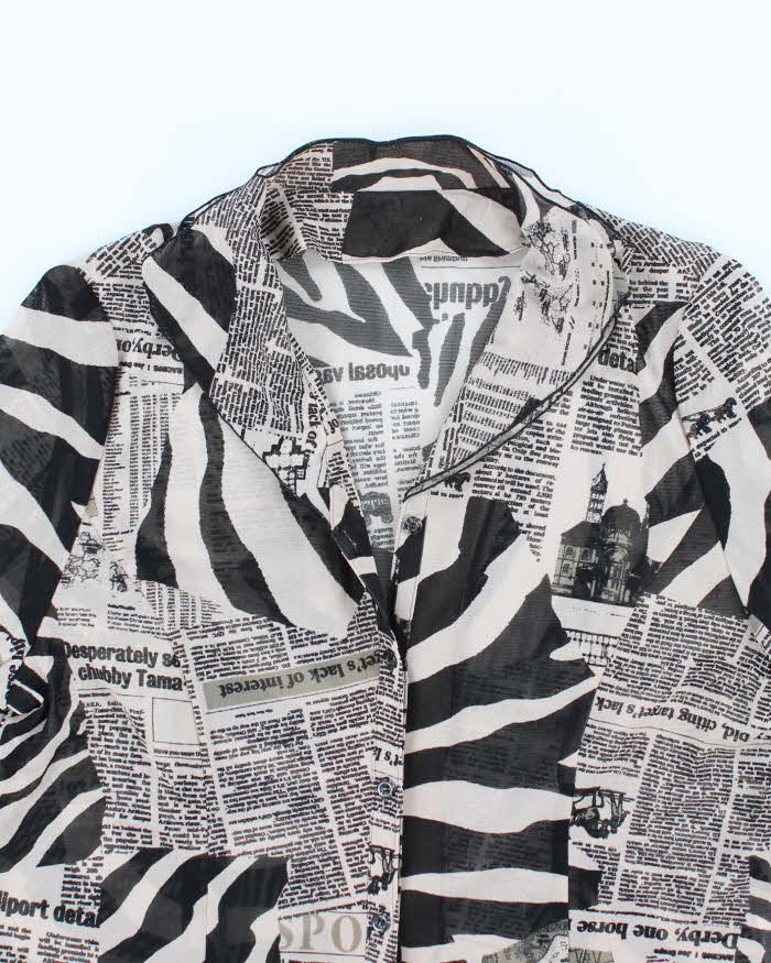Vintage Y2k 00s Animal &amp; Newspaper Print Mesh Blouse - L