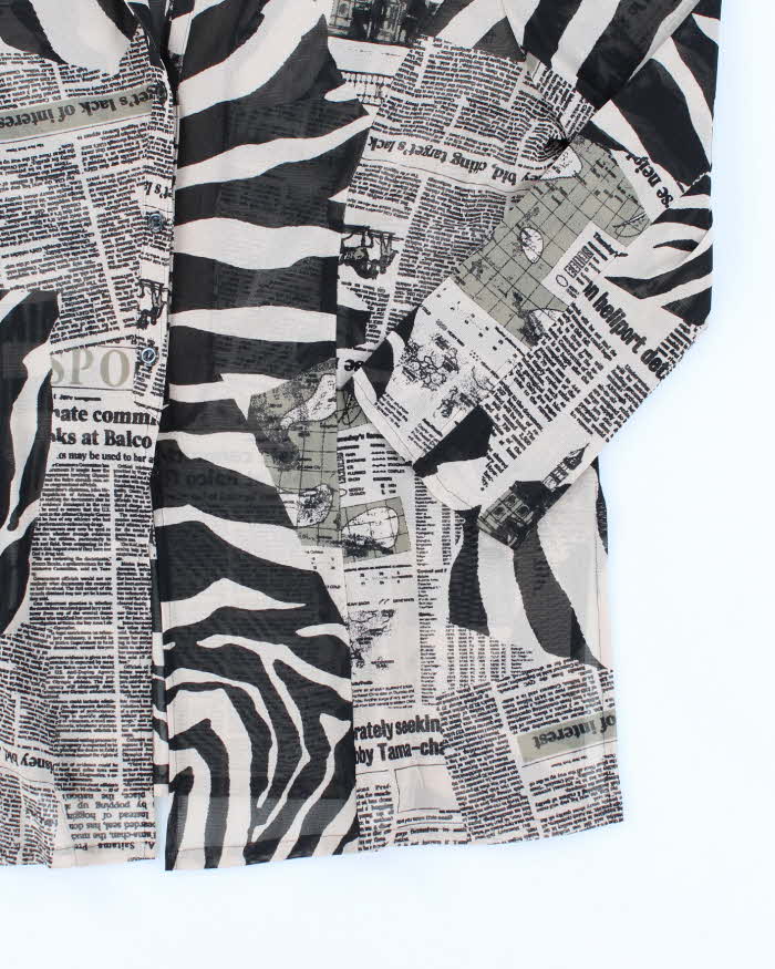 Vintage Y2k 00s Animal &amp; Newspaper Print Mesh Blouse - L