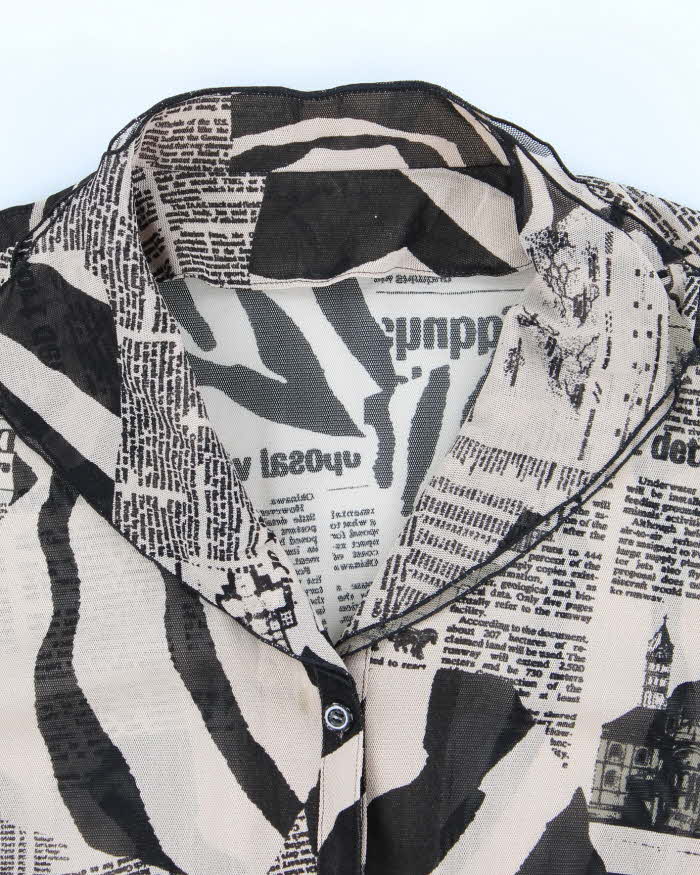 Vintage Y2k 00s Animal &amp; Newspaper Print Mesh Blouse - L
