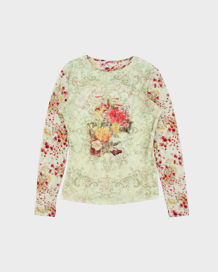 Vintage 90s Floral Mesh Long Sleeve Top - S