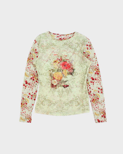 Vintage 90s Floral Mesh Long Sleeve Top - S