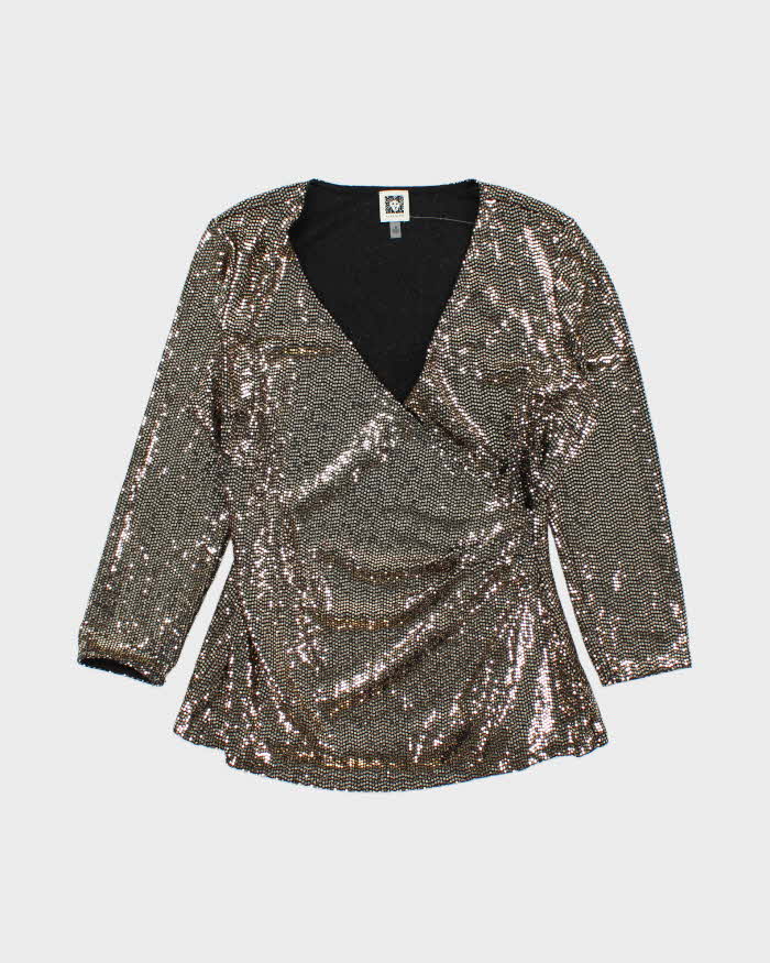 Vintage 00s Women's Anne Klein Gold Sequined Long Sleeve Party Top - M